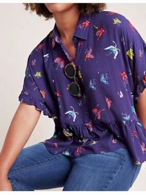 Anthropologie Mallory Butterfly Print Ruffle Blouse Size Medium Blue Loose Flowy